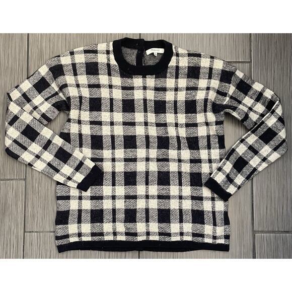 Madewell Small Merino Wool Navy White Plaid Long Sleeve Back Buttons Sweater - Picture 1 of 5